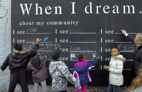 Residents share dreams for their community on giant chalkboard Event Interactive Wall, Interactive Community Wall, Interactive Event Ideas Art Installations, Murals Street Art Wall Interactive, Middle School Decor, Interactive Educational Installation, Street Quotes, Selfie Wall, Social Projects