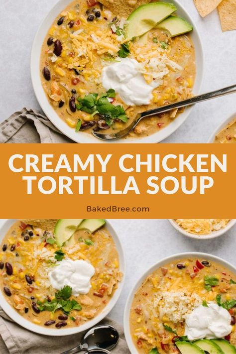 Deliciously made with Mexican flavors, this Creamy Chicken Tortilla Soup is very easy to make! Mexican Peppers, Baked Bree Recipe, Creamy Chicken Tortilla Soup, Chicken Taco Seasoning, Soups Recipes, Dairy Free Soup, Bisque Recipe, Chicken Crockpot, Air Fryer Recipes Chicken