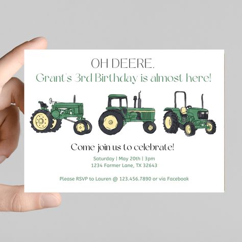 Oh DEERE. His birthday is almost here! Tractor themed birthday invitation, john deere tractors, green tractors, birthday boy invitation. Tractor 2nd Birthday Party Invitations, Third Birthday Tractor Theme, John Deere 3rd Birthday Party Ideas, Tractor Invitations Birthday, Tractor Birthday Party Invitations, John Deere 2nd Birthday Party Ideas, Tractor 2nd Birthday Party Boy, Oh Deere Tractor Party, Three Year Old Tractor Party