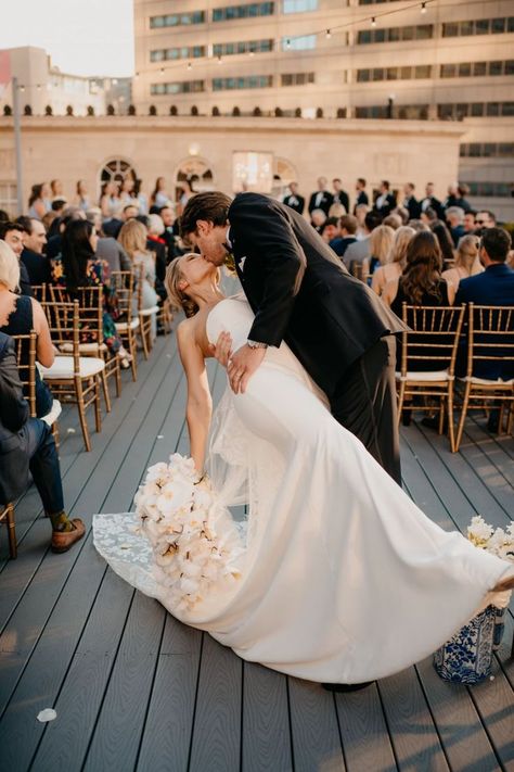 North Texas couple kissing after walking down the aisle at their wedding ceremony Chinoiserie Wedding Decor, Cinema Story, Chinoiserie Wedding, Wedding Portrait Poses, Wedding Ceremony Photos, Wedding Details Photography, Rooftop Wedding, Wedding Kiss, North Texas