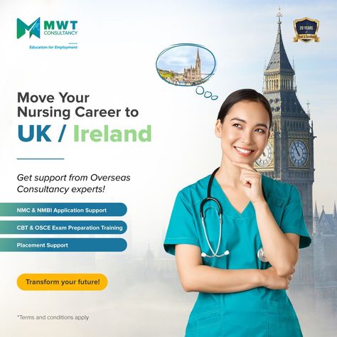 Are you aspiring to kick-start your nursing career in the UK or Ireland? Advantages: 📌Receive guidance from experienced consultants specializing in overseas placements. 📌Access comprehensive training for CBT & OSCE exams. 📌Get assistance with securing placements. 📌Receive support throughout the NMC & NMBI application process. For further information, please reach out to us - https://bit.ly/3GR5KaH #MWTConsultancy #UKNursing #NursingRegistration Osce Exam Nursing, Nursing Courses, Poster Idea, Graphic Design Ads, Career Counseling, Nursing Career, Essay Writer, Essay Help, Nursing Study