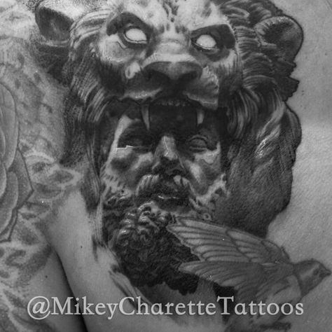 Hercules Nemean lion black and grey tattoo. Nemean Lion Tattoo, Hercules Nemean Lion, Lion Black, Nemean Lion, Black And Grey Tattoo, Lion Wallpaper, Grey Tattoo, Wallpaper Art, Lion Tattoo