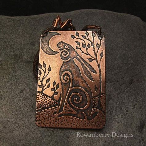 Etched Copper Jewelry, Etched Metal Jewelry, Moon Gazing Hare, Etched Jewelry, Hare Rabbit, Moon Gazing, Moon Gazing Hares, Rabbit Jewelry, Copper Jewellery