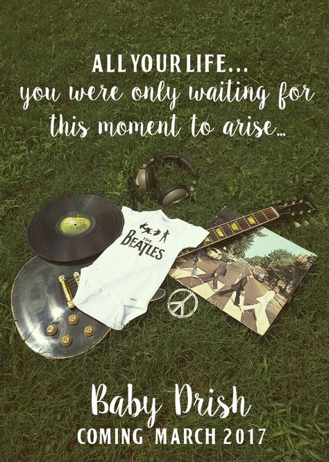 Beatles baby announcement Music Baby Announcement, Music Pregnancy Announcement, Beatles Baby Shower, Beatles Baby, Cute Pregnancy Announcement, Pregnancy Announcement Photos, Retro Baby, Baby Announcements, Baby Shower Invites