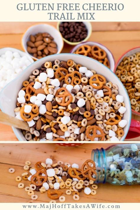 Gluten Free Cheerios Trail Mix is a perfect on the go snack. This easy recipe features gluten free pretzels, marshmallows and nuts. Enjoy your favorite childhood cereal in a whole new way! Cheerio Trail Mix Recipe, Cheerios Snack Mix, Cheerios Snacks, Nut Free Snacks, Paleo Snack, Gluten Free Pretzels, Trail Mix Recipes, Healthy Eating Snacks, Gluten Free Kids