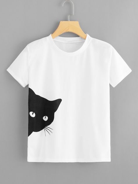 Cat Print Tee -SheIn(Sheinside) T Shirt Painting, Shirt Design Inspiration, Shirt Print Design, 자수 디자인, Cooler Look, Painted Clothes, Creation Couture, Tee Shirt Designs, Tshirt Outfits