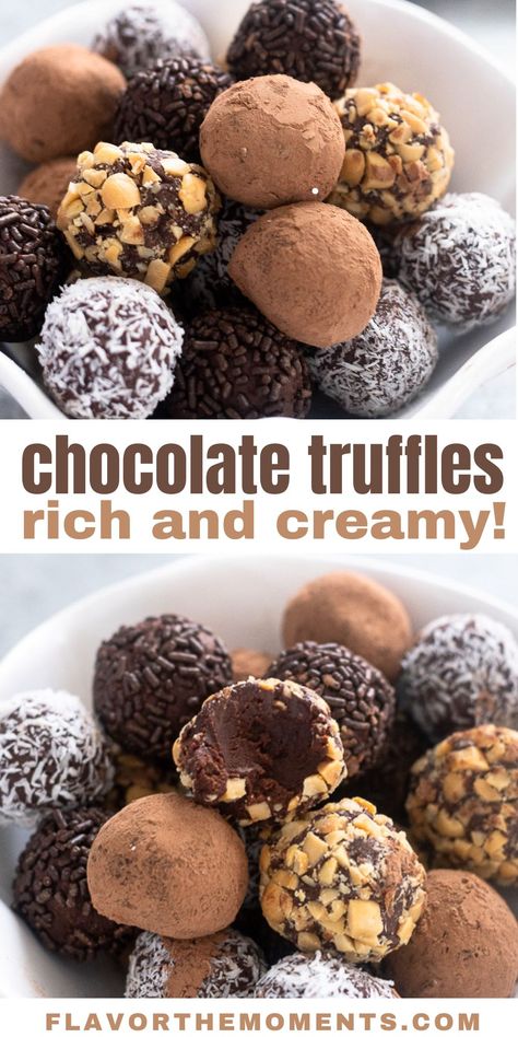 This Chocolate Truffles Recipe is so easy to make, and yields decadent, creamy truffles that are worthy of any occasion. Roll in your favorite coatings for an impressive dessert or homemade gift! #chocolatetruffles #darkchocolate #glutenfree Boozy Balls, Chocolate Truffles Recipe, Boozy Chocolate, Homemade Chocolate Truffles, Truffles Recipe, Impressive Desserts, Chocolate Truffles Recipe Easy, Candy Truffles, Dessert Easy