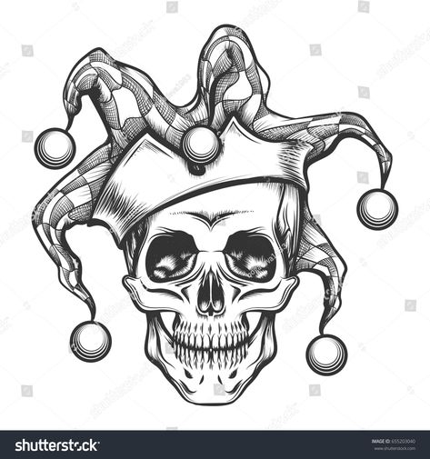 Hand drawn jester skull in fools cap. Vector illustration in engraving tattoo style. #Ad , #SPONSORED, #skull#fools#jester#Hand Jester Skull, Drawing Joker, Jester Tattoo, Image Joker, Joker Drawing, Cap Drawing, Hat Drawing, Engraving Tattoo, Clown Tattoo