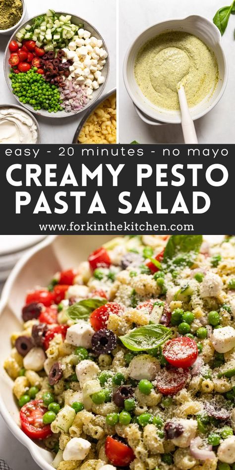 Creamy Pesto Pasta Salad (without Mayo) Pasta Salad Without Mayo, Creamy Pesto Pasta Salad, Cold Pesto Pasta Salad, Healthy Pesto Pasta, Pesto Salad Recipes, Vegetarian Grilling Recipes, Easy Pesto Pasta, Creamy Pasta Salad, Crunchy Veggies