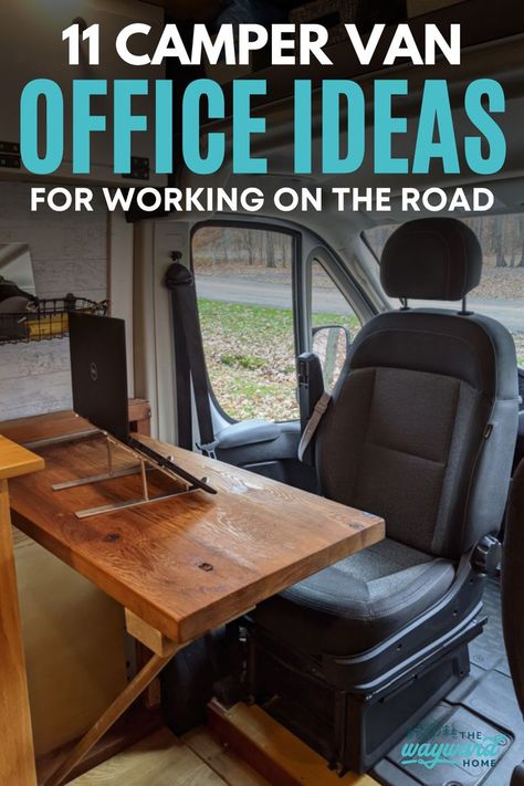 11 Camper Van Office Ideas for Working on the Road Camper Van Swivel Seats, Van Office Ideas, Campervan Office, Van Conversion Office, Campervan Conversions Layout, Van Office, Office Ideas For Work, Cargo Van Conversion, Van Conversion Layout