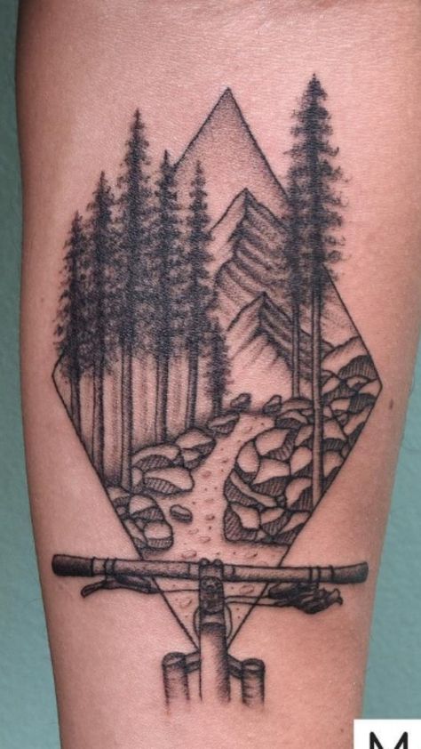 Mtn Bike Tattoo, Mtb Tattoo, Mountain Biking Tattoo, Mountain Biking Tattoos For Men, Motorcycle Mountain Tattoo, Mtb Tattoo Ideas, Mountain Bike Tattoo Ideas, Motocross Tattoo For Men, Biking Tattoos For Men