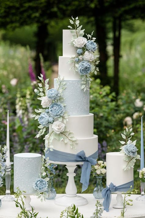 An elegant blue and white wedding cake created by Amelia Rose Cake Studio, set in the beautiful grounds of Kelmarsh Hall, Northamptonshire Baby Blue Weddings, Wedding October, Blue White Weddings, Amelia Rose, Wedding Photography Gallery, Light Blue Wedding, Cake Studio, Wedding Cakes Blue, Blue Themed Wedding