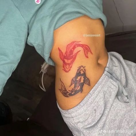 Coi Fish Stomach Tattoo, Koi Fish Tattoo On Stomach, Koi Fish Swimming Tattoo, Koi Hip Tattoo, Koi Fish Stomach Tattoo, Tattoos For Women Koi Fish, Red And Black Koi Fish Tattoo, Coi Fish Tattoo Black Women, Koi Fish Tattoo Black Women