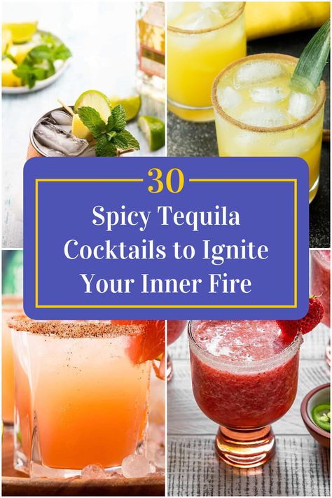 Collage of 4 spicy tequila cocktails. Spicy Tequila Cocktail, Spicy Cocktails, Tequilla Cocktails, Tequila Mixed Drinks, Spicy Margarita Recipe, Summertime Cocktail, Spicy Drinks, Spicy Cocktail, Spicy Margarita