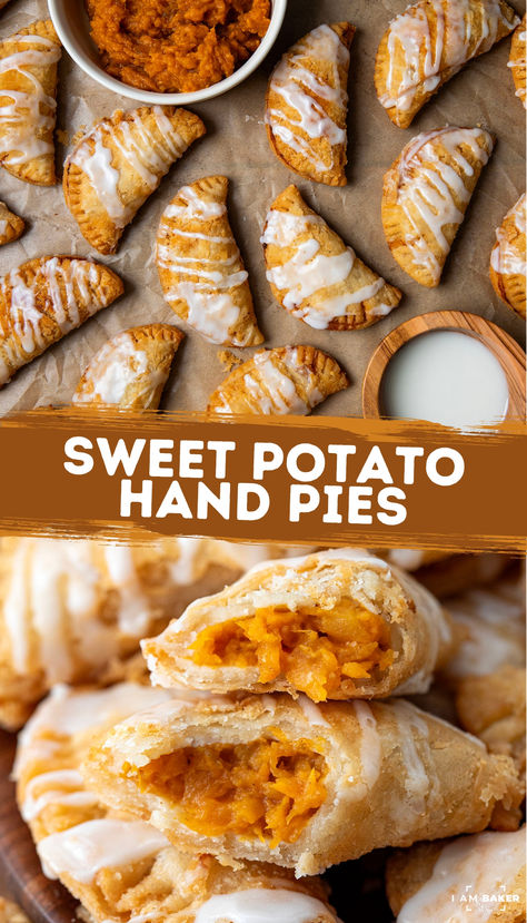 These sweet potato hand pies have a flaky pie crust filled with spiced mashed sweet potatoes, fried to a golden crisp, and drizzled with sweet icing. I love to grab one as a snack or serve it as a dessert, and it will be a yummy addition to my Thanksgiving menu! Sweet Potato Pie Desserts, Sweet Potato Tart Recipes, Sweet Potato Hand Pies Recipes, Small Sweet Potato Pie, Sweet Potato Tarts Mini, Sweet Potato Turnovers Hand Pies, Fried Sweet Potato Pie, Sweet Potato Pumpkin Pie, Sweet Potato Mini Pies