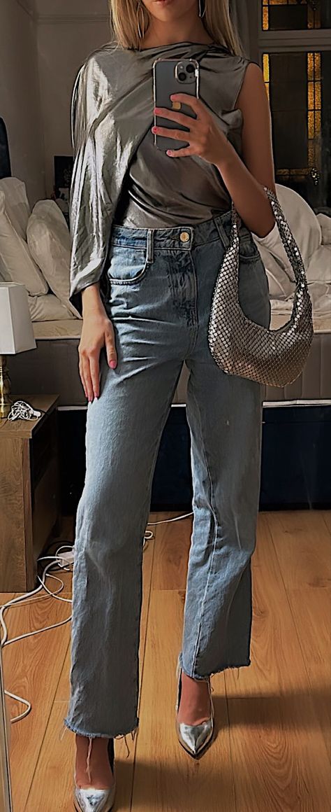 Silver Wedges Outfit, Prada Silver Slingback Outfit, Silver Heels Outfit Casual Chic, Metallic Silver Heels Outfits, Chrome Pumps Outfit, Silver Shoes And Bag Outfit, Scandi Going Out Style, Pointed Loafers Outfit, Silver Pointed Heels Outfit