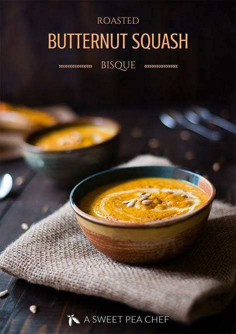 This easy Butternut Squash Bisque gets all the deep flavors and sweetness from roasting the butternut squash. Butternut Squash Bisque Recipe, Chicken Butternut Squash, Squash Bisque, Soup Curry, Butternut Squash Bisque, Bisque Recipe, Fall Soup, Soups Stews, Winter Dinner