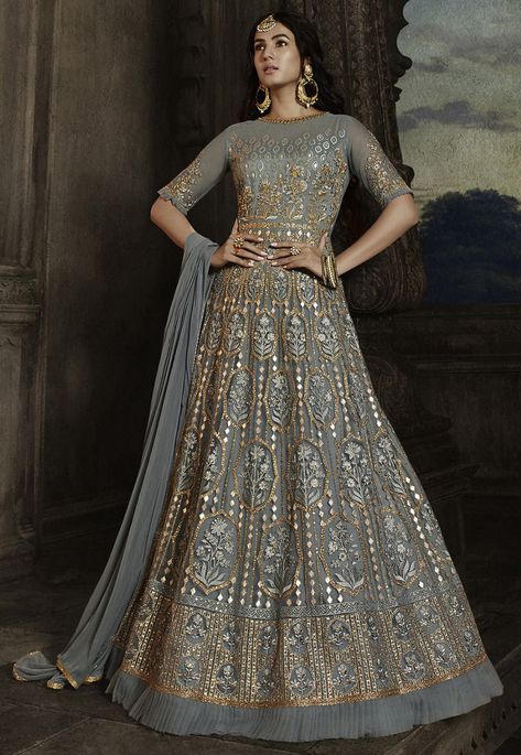 Net Dress Design, Anarkali Wedding, Grey Anarkali, Wedding Salwar Suits, Bridal Anarkali, Sonal Chauhan, Wedding Salwar Kameez, Blue Anarkali, Net Gowns