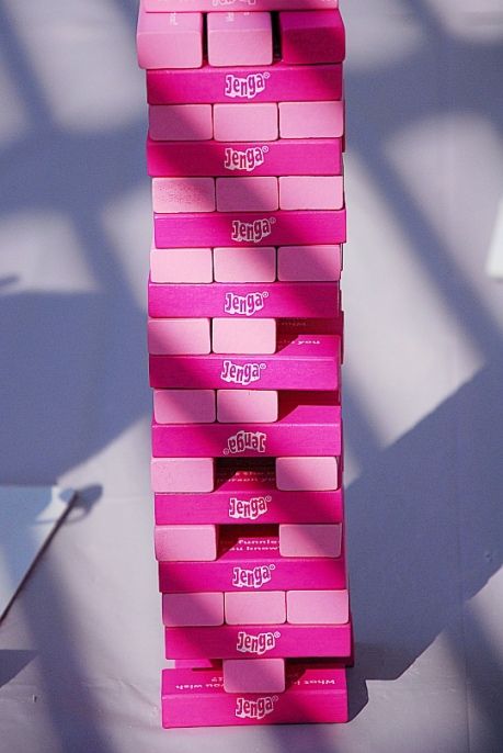 Pretty in Pink with Jenga Pink Girl Talk Edition Pink Birthday Activities, Pink Party Activities, Pink Board Games, Pink Birthday Party Activities, Pink Party Games, Pink Jenga, Pink Activities, Barbie 21st, Barbie Graduation