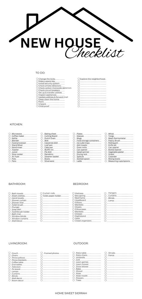 The Complete New House Checklist - homesweetsierrah.com Move In Cleaning Checklist New Home, Moving New House Checklist, New Home List To Buy, Checklist Moving Into New Home, New House List To Buy, New Home Furniture Checklist, Brand New Home Checklist, Bedroom List For New Home, What You Need When Moving Into A House