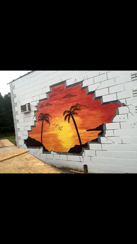 Liquor store broken brick wall mural. #Sunset Murals On Brick Walls, Brick Mural Painted, Brick Wall Drawing Graffiti, 3d Wall Drawing, Brick Wall Painting Art, Mural On Brick Wall, Brick Wall Graffiti, Brick Wall Drawing, Brick Wall Mural