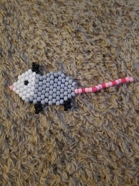 Frog Kandi Tutorial, Rat Kandi Pattern, Pony Bead Possum Pattern, Possum Perler Bead Pattern, Kandi Animal Pattern, Kandi Possum, Cool Kandi Ideas, Kandi Bracelets Patterns, Pony Bead Animals Patterns