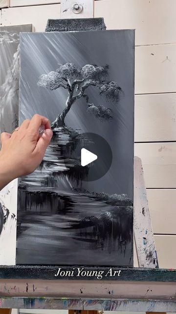 Joni Young Painting Tutorials, Painting Trees Acrylic, Acrylic Painting On Black Canvas, Paint Trees, Black Canvas Paintings, Young Art, Cool Car Drawings, New Painting, Acrylic Painting Tutorials