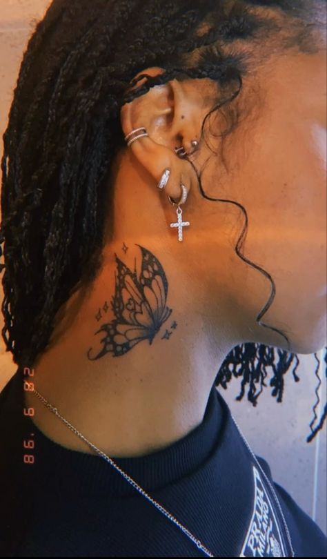 Women Back Of Neck Tattoo Ideas, Loyalty Tattoo Behind Ear, Tattoo Ideas Butterfly Back, Small Neck Cover Up Tattoos For Women, Neck Tattoo Women Side, Neck Tattoos Women Cover Up, Behind Ear Tattoo Cover Up, Behind The Ear Tattoo Ideas Meaningful, Down The Neck Tattoo