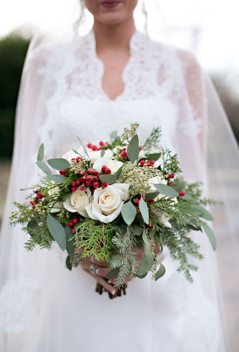 soft evergreens with maybe more of a cranberry color than bright berries  smaller bouquet, but totally open to it! don't need anything too dramatic! Christmas Wedding Bouquet, December Bride, Christmas Wedding Bouquets, Christmas Wedding Flowers, Holly Flower, Winter Bridal Bouquets, White Rose Wedding Bouquet, Flowers Winter, Modern Arrangements