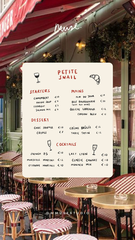 This hand illustrated menu adds so much character and personality to Petite Snail! The super quirky design is something very different but it turned out toooo cutee 🥹🤩 Illustrative Menu Design, Brunch Advertising Design, Quirky Design Graphic, Illustration Menu Design, Instagram Menu Design, Design Restaurant Ideas Creative, Recipe Aesthetic Design, Cute Cafe Menu Design, Happy Hour Menu Design