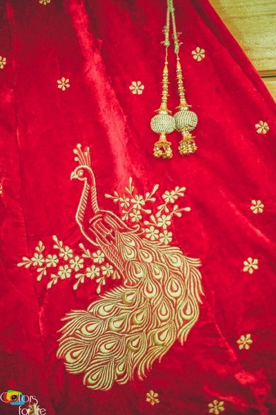 Bridal Details - Red Velvet Lehenga with Golden Embroidery Peacock Detailing | WedMeGood #wedmegood #indianbride #indianwedding #bridal #embroidered #peacock #gold Embroidery Peacock, Red Bridal Lehenga, Embroidered Peacock, Peacock Embroidery Designs, Peacock Embroidery, Peacock Photos, Golden Embroidery, Velvet Lehenga, Bridal Details