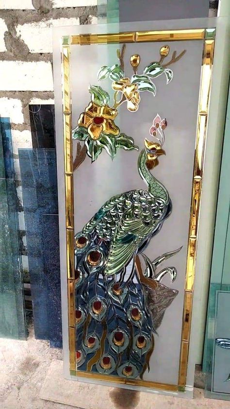 Peacock Drawing With Colour, Balcony Glass Design, Glass Etching Designs, Window Glass Design, Glass Painting Patterns, Glass Art Pictures, Stained Glass Door, Glass Painting Designs, Pooja Room Door Design