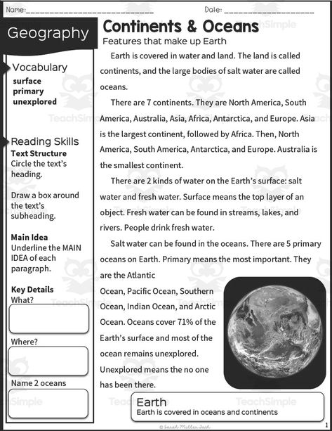 This resource is an Oceans and Continents Reading Packet.This is a great no prep resource that all you have to do is print and go!Students will love learning history as they read an informative passage and apply vocabulary terms.Worksheets included such as multiple-choice questions and graphic organizers will allow them to show what they know.These work well for social studies or reading instruction.Answer keys included. Oceans And Continents, Landforms And Bodies Of Water, Substitute Teacher Tips, Continents Activities, Social Studies Maps, Kids Podcast, World Map Continents, Learning History, Homework Ideas