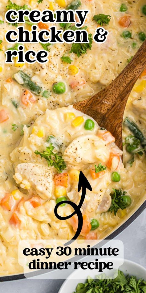 Easy dinner in under 30 minutes. This creamy chicken and rice with veggies takes only one pan and is a entree the whole family will enjoy. Rice And Chicken Skillet Dinners, Chicken Pot Pie Casserole With Rice, Chicken Rice And Veggie Casserole, One Skillet Chicken And Rice, Chicken And Rice Recipes One Pot, Skillet Chicken And Rice Recipes, Chicken Rice And Veggie Recipes, Easy One Pot Chicken And Rice, Quick And Easy Chicken Recipes Simple