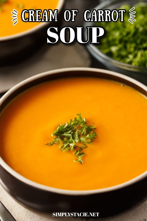 A black bowl with Cream of Carrot Soup topped with fresh parsley on top. Cream Of Carrot Soup Recipe, Cream Of Carrot Soup, Creamy Carrot Soup, Carrot Soup Recipes, Cream Soup Recipes, Pureed Soup, Celery Soup, Cooked Carrots, Delicious Soup Recipes