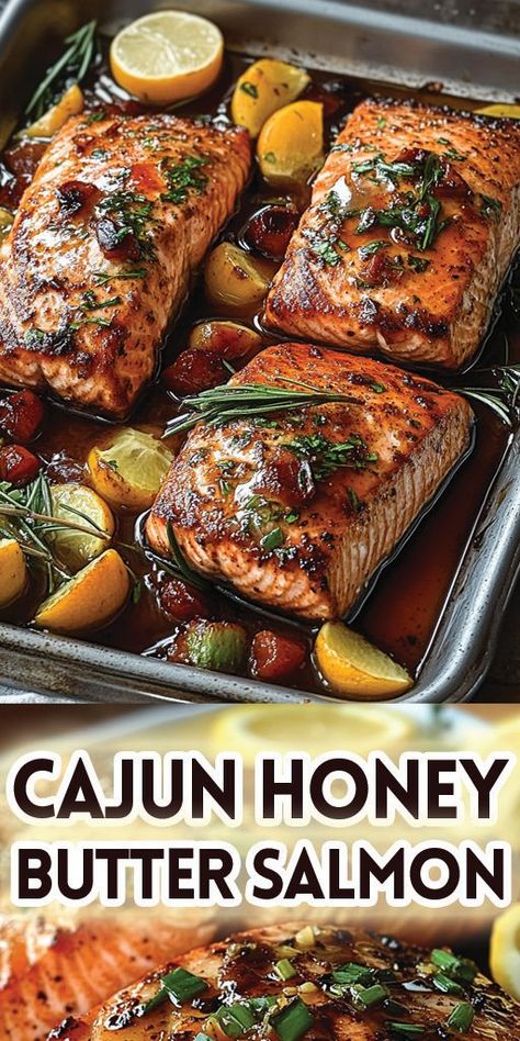 Cajun Honey Butter Salmon Ingredients: 4 salmon fillets (about 6 ounces each) 2 tablespoons Cajun seasoning Salt, to taste (if the Cajun seasoning isn’t very salty) 2 tablespoons olive oil 4 tablespoons unsalted butter 2 tablespoons honey 1 tablespoon lemon juice 2 cloves garlic, minced Fresh parsley, chopped (for garnish) #salmon #easyrecipes #camilarecipes Cajun Honey Butter Salmon, Fillets Recipes, Honey Butter Salmon, Honey Butter Sauce, Crockpot Salmon, Chipotle Salmon, Lemon Butter Salmon, Canned Salmon Recipes, Cajun Salmon