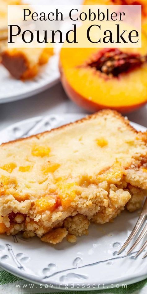 Enjoy this tender and moist almond scented pound cake with loads of fresh diced peaches folded into the batter and more baked on top with a buttery crumble. Peach Cobbler in cake form! #peachcobblerpoundcake #poundcake #peachpoundcake #peachcake #peachcrumble Peach Cobbler Pound Cake Recipe, Peach Cobbler Pound Cake, Peach Cake Recipes, Fresh Peach Recipes, Peach Pound Cakes, Almond Pound Cakes, Peach Dessert Recipes, Cake Form, Peach Crumble