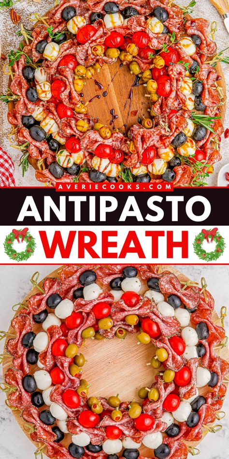 Looking for holiday appetizer ideas? Here's a Thanksgiving party food idea featuring antipasto skewers! With an assortment of your favorite ingredients, they will also be a hit at your Christmas dinner party. Save this holiday antipasto wreath recipe! Christmas Wreath Antipasto Skewers, Holiday Appetizer Ideas, Caprese Wreath, Antipasto Wreath, Thanksgiving Party Food, Party Dips Easy, Wreath Recipe, Best Holiday Appetizers, Antipasto Skewers