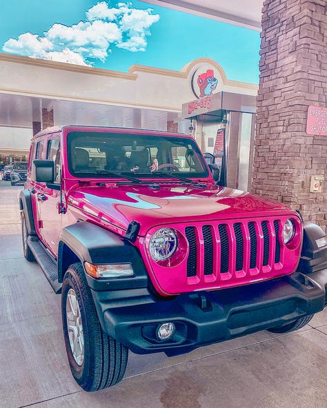 Pink Jeep Truck, Pink Jeeps Aesthetic, Hot Pink Jeep Aesthetic, Jeep For Girls, Pink Keep Wrangler, Light Pink Jeep Wrangler, White Jeep Wrangler With Pink Accents, Pink Jeep Rubicon, White And Pink Jeep