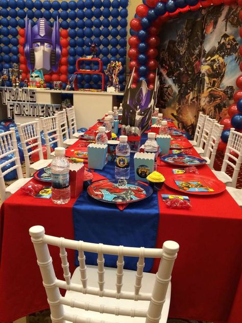 Transformers | CatchMyParty.com Transformers Birthday Party Ideas, Transformers Birthday Party, Rescue Bots Birthday Party, Avengers Birthday Party, Rescue Bots Birthday, Transformers Party, Transformers Birthday Parties, Transformers Birthday, 5th Birthday Boys