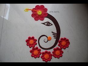 Ganpati Design Rangoli, Ganpati Easy Rangoli, Easy Ganpati Rangoli Design, Hibiscus Rangoli, Ganpati Bappa Rangoli Designs, Ganpati Rangoli Simple, Ganapati Rangoli Designs, Rangoli Designs Ganpati, Ganpati Bappa Rangoli