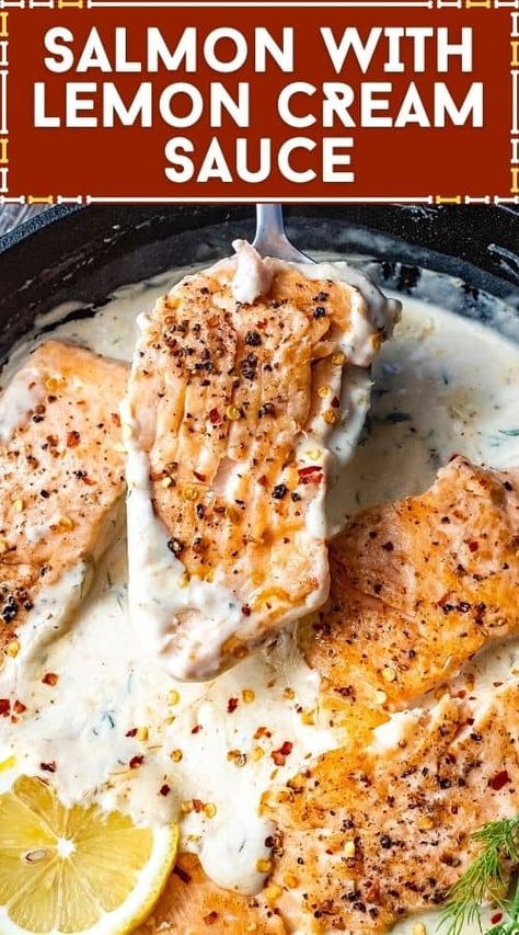 SALMON WITH LEMON CREAM SAUCE Salmon With Lemon Cream Sauce, Creamy Lemon Garlic Sauce, Salmon With Cream Sauce, Lemon Cream Sauce, Salmon With Lemon, Salmon Recipes Baked Healthy, Lemon Garlic Sauce, Lemon Cream Sauces, Sauce For Salmon