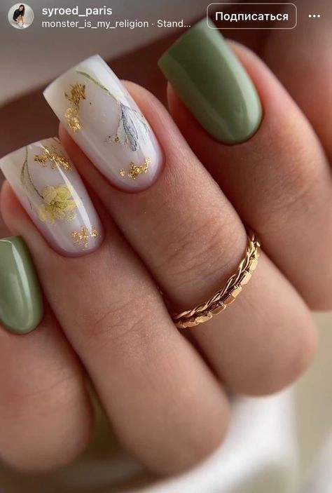 Olive Green Nails With Flowers, Natural Nails Manicure, White Gel Nails, Summer Gel Nails, Wow Nails, Nail Drawing, Stylish Nails Designs, Acrylic Nails Coffin, Minimalist Nails