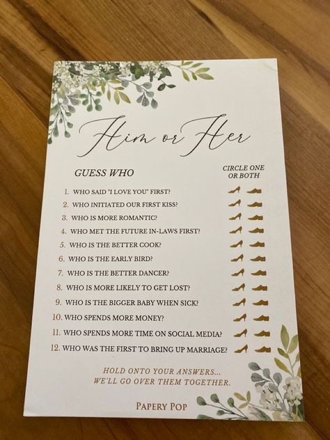 Who Did It First Bridal Shower Game, Who Did What First Wedding Game, Guess Who Wedding Game, Wedding Day Activities, Wedding Party Games, Engagement Party Games, Wedding Games For Guests, Wedding Reception Games, Fun Bridal Shower Games