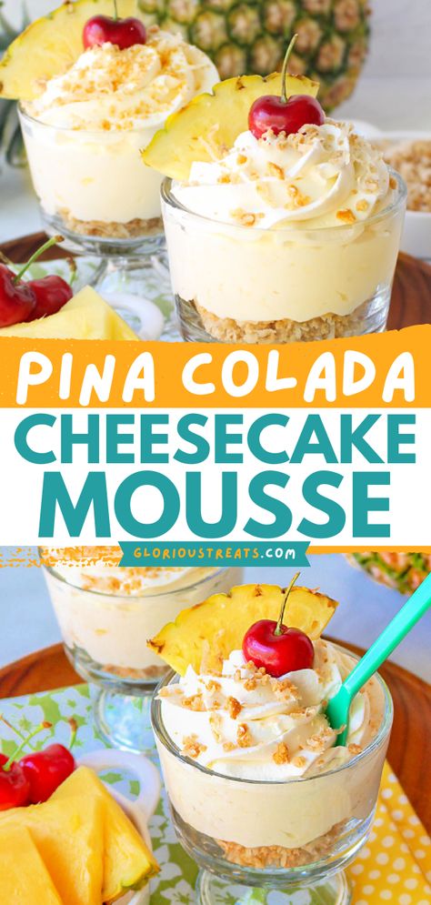 This Pina Colada Cheesecake Mousse is layered with toasted coconut crumble and topped with fresh whipped cream. It makes an amazing Easter dessert or Spring dessert recipe! Tropical Pina Colada Cheesecake Mousse, Pina Colada Whipped Cream, Pina Colada Bars Recipe, Pineapple Whip Cheesecake, Pina Colada Cheesecake Mousse, No Bake Pineapple Mousse Cheesecake, Luau Party Ideas Food Desserts, Luau Theme Desserts, Tropical Pineapple Cheesecake Tart