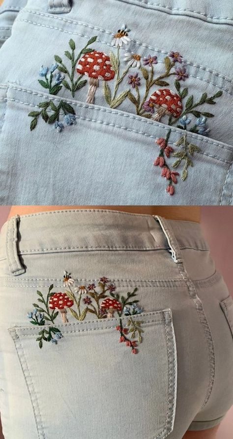 Custom Embroidery / Patterns and Kits River Birch Threads on Etsy Embroidery Jeans Diy, Clothes Embroidery Diy, Denim Embroidery, Embroidery Stitches Tutorial, Pola Sulam, Hand Embroidery Projects, Hand Embroidery Flowers, Embroidery On Clothes, Cute Embroidery