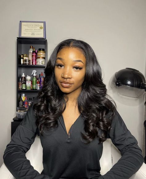 Straightened Hair With Curled Ends, Leave Out With Curls, Curly Ends Straight Hair, 8th Grade Prom Hairstyles, Grade Hairstyles, Leave Out, Middle Part Curls, Sew In Curls, Short Sew In