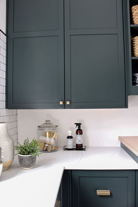 The Laundry/Dog Room: Dark Green Cabinets Layered On Classic Black + White Design - The House of Silver Lining Green Black Sherwin Williams Cabinets, Dark Green Cabinets, The House Of Silver Lining, House Of Silver Lining, White Interior Paint, Tricorn Black, White Laundry Rooms, Black Forest Green, Beautiful Kitchen Cabinets