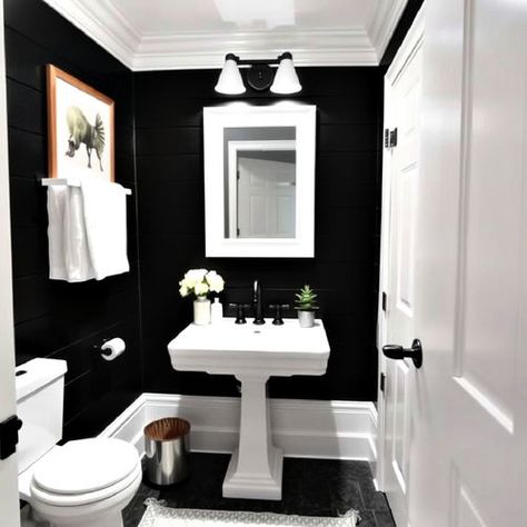 20 Black Powder Room Ideas for A Chic Look Powder Room With Marble Sink, Powder Room With Black Walls, Small Black Powder Room Ideas, Black Floor Powder Room, Powder Room With Accent Wall, All Black Powder Room, Black And Gold Powder Room Ideas, Easy Powder Room Makeover, Small Powder Room Paint Ideas