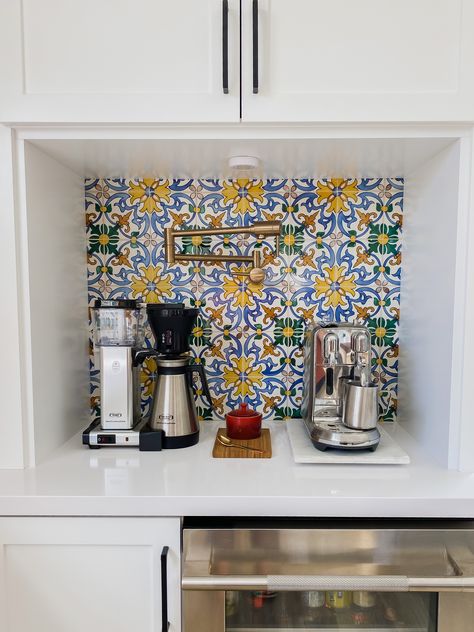 Coffee Station with pot filler and Portuguese azulejo tiles Home Coffee Bar, Pot Filler, Mediterranean Home, Dream Apartment, Coffee Station, Dream House Interior, Apartment Inspiration, Dream House Decor, House Inspo